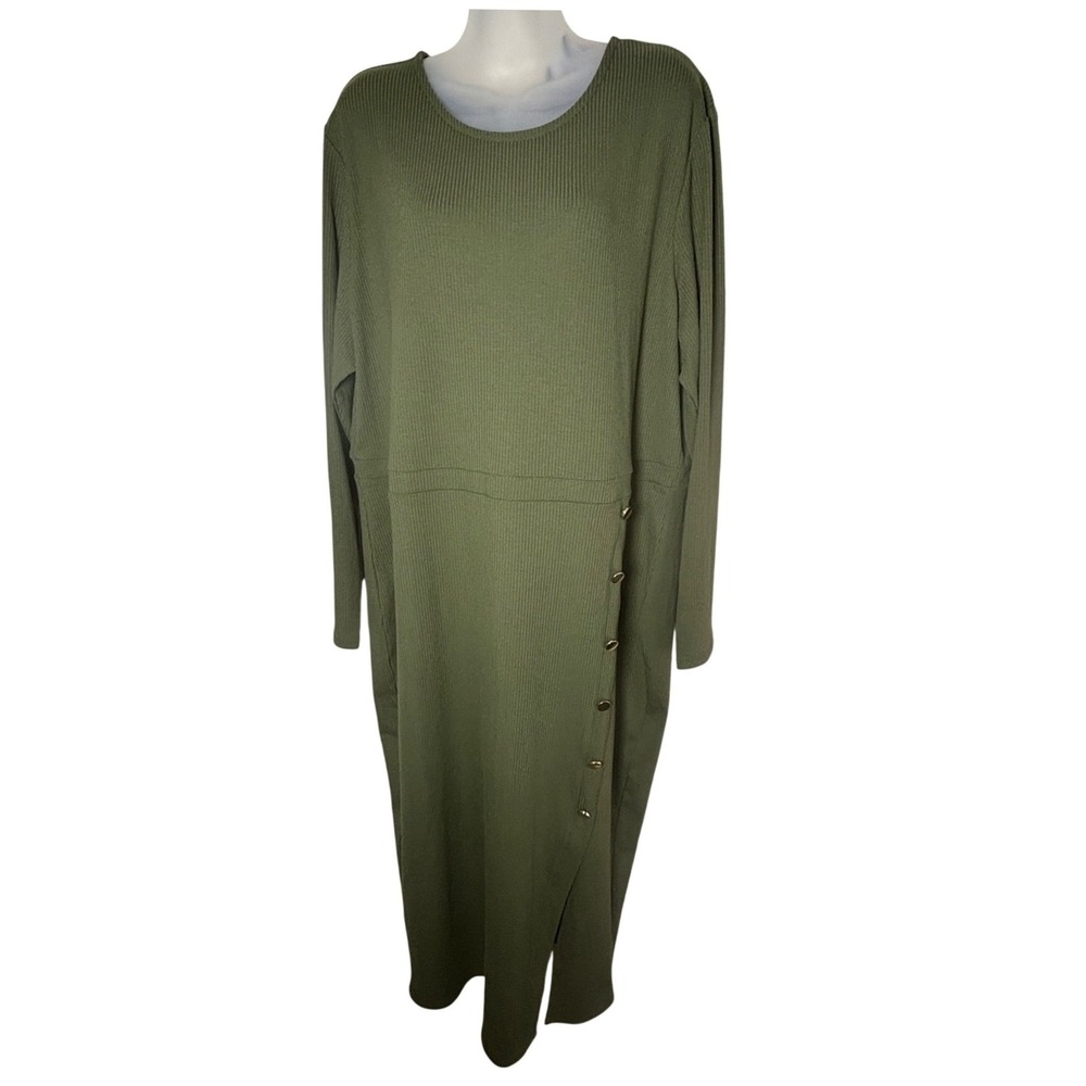 Nina Parker Macys Olive Ribbed Knit Gold Button Slit Midi Dress 3X NWT